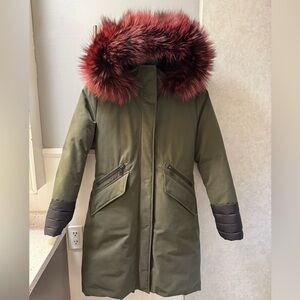 Soia & Kyo Olive Green Puffer Coat with Burgundy Fox Fur Hood Jacket